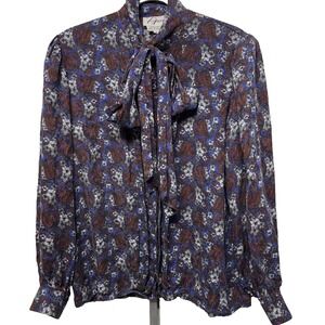 Aseret 100% Silk Blouse Paisley Floral Print Bow Neck‎ Tie Long Sleeve Top Sz 12